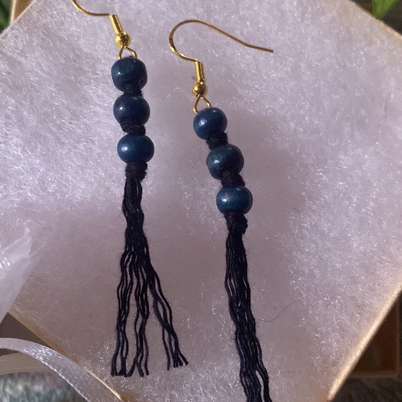 Dark Navy Blue Hand Crafted Macrame Tassel Fringe Earrings Wood Beaded Accents - Picture 3 of 9